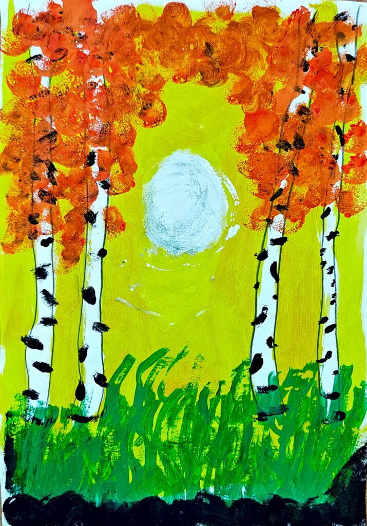 Pictură - Peisaj de toamnă cu soare, iarbă și mesteceni