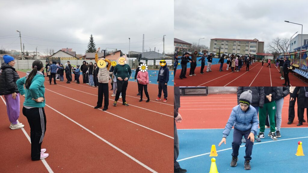 Colaj - profesori și elevi faci încălzirea pe terenul de sport