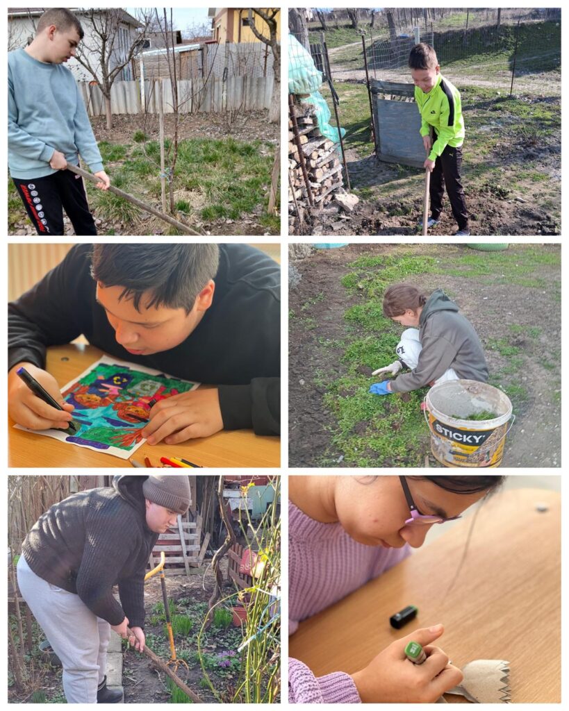 Elevi lucrează în grădină, colorează, decupează