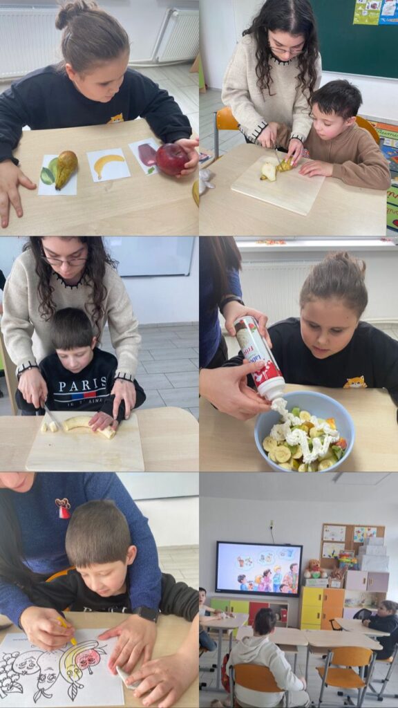 Colaj cu elevii care au participat la o activitate de educație pentru un stil de viață sănătos, identificând fructe, pregătind o salată de fructe