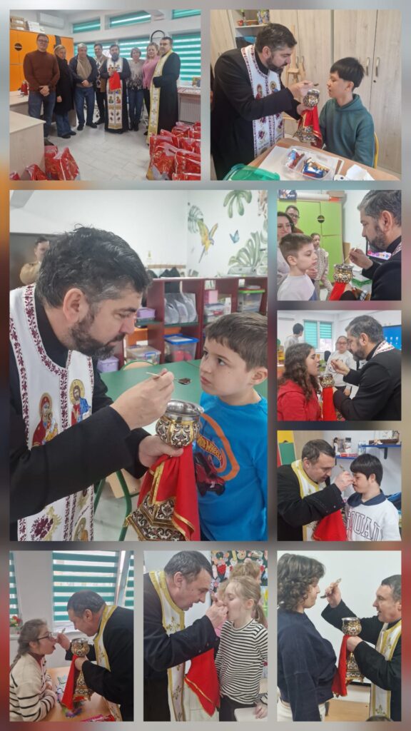 Colaj foto cu elevii, profesorii, preoții și voluntarii. Elevii primesc cadouri și se împărtășesc conform datinii Creștine