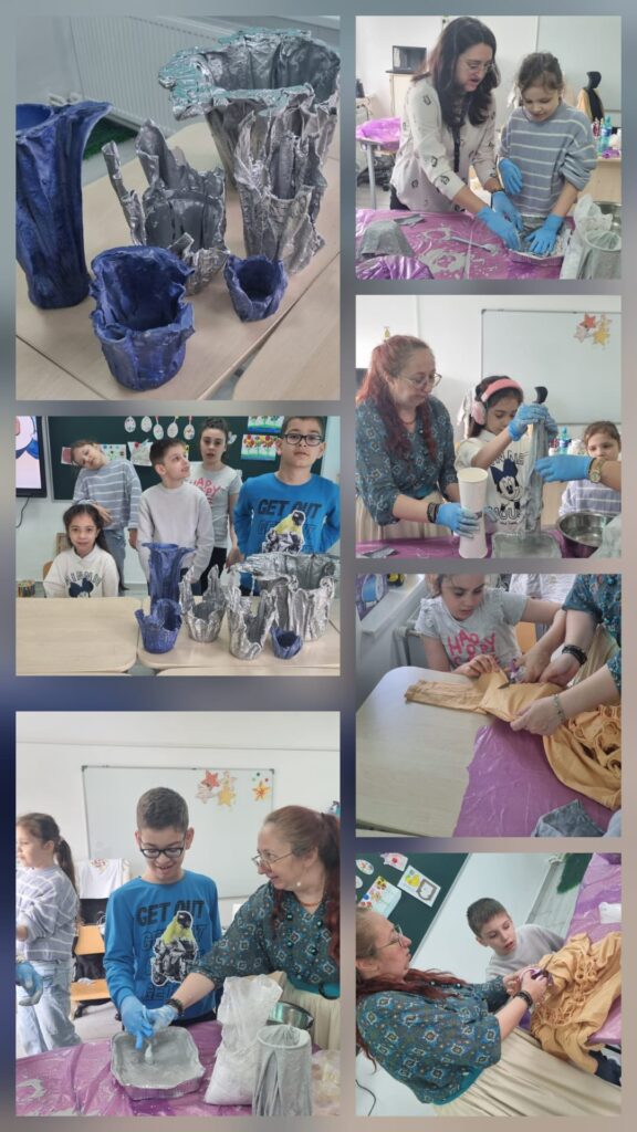 Colaj cu elevi care realizează vaze (pentru flori) din ciment rapid și materiale reciclabile