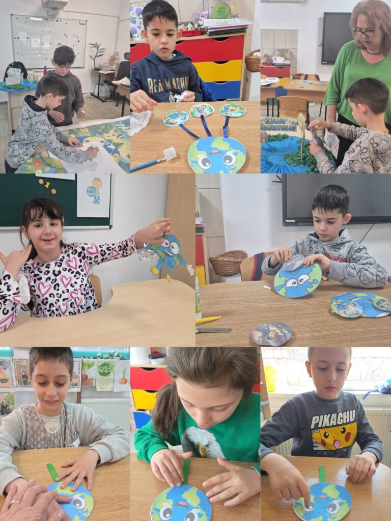 colaj cu activitățile elevilor mici, care realizează un glob de pământ din hârtie