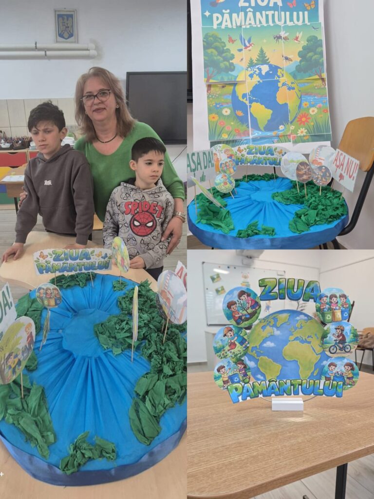 colaj cu doamna profesoară și elevii, realizează pământul din hârtie creponată