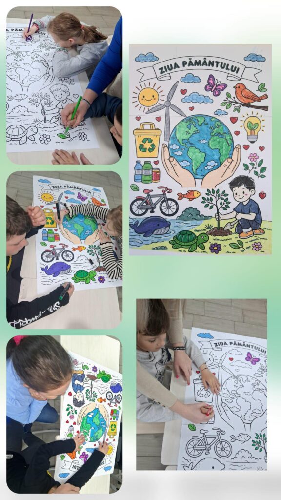 elevi colorează prin cooperare o planșă foarte mare