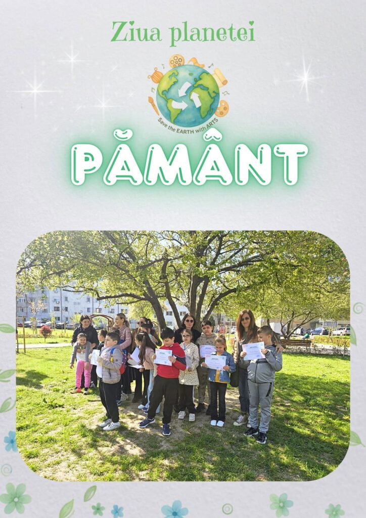 poză cu text- ziua planetei pămânnt. în poza de grup părinții, elevii și profesorii zâmbesc și arată diplomele primite de la activitate