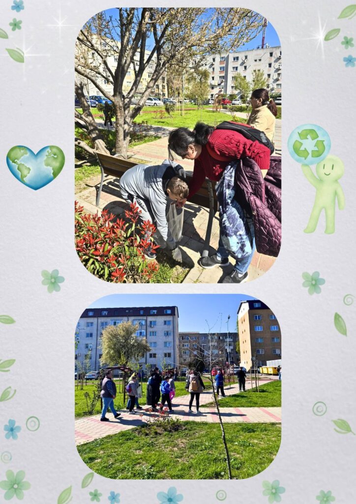 Colaj foto cu elevi și părinți care merg în parc și adună deșeurile