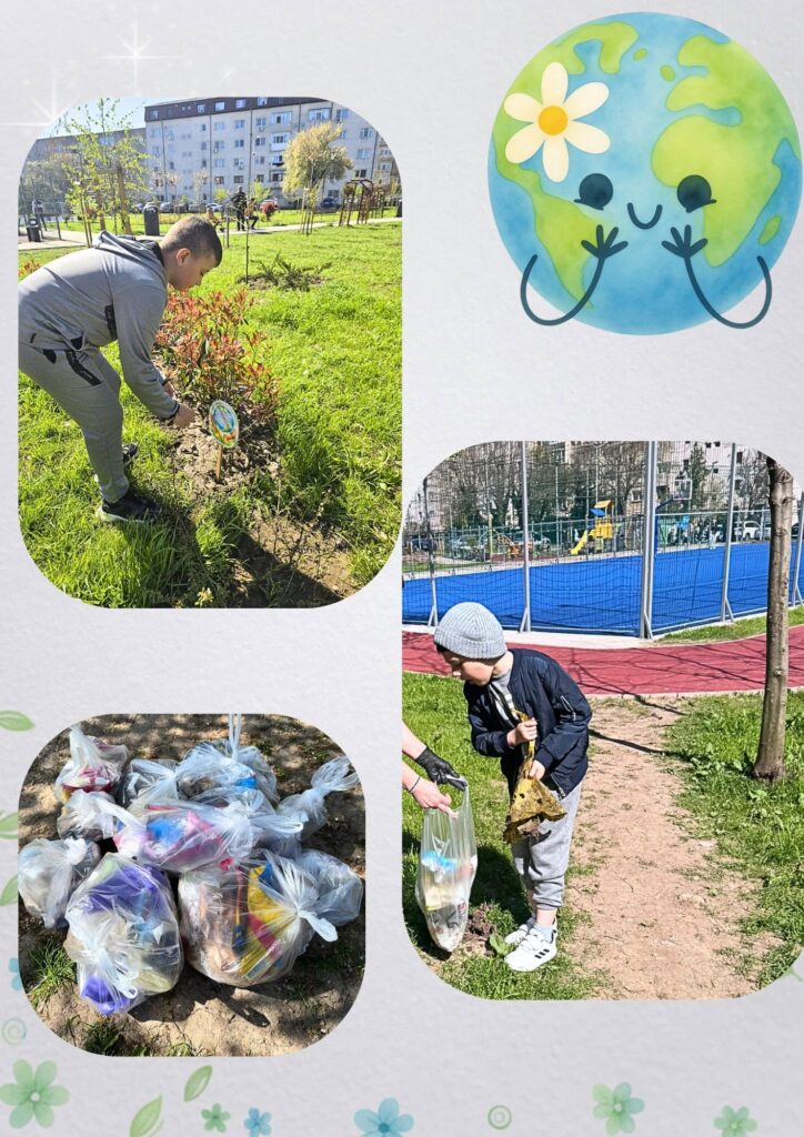 Colaj foto cu elevi care lasă mesaje motivaționale, adună gunoaiele din parc și sacii de gunoi plini
