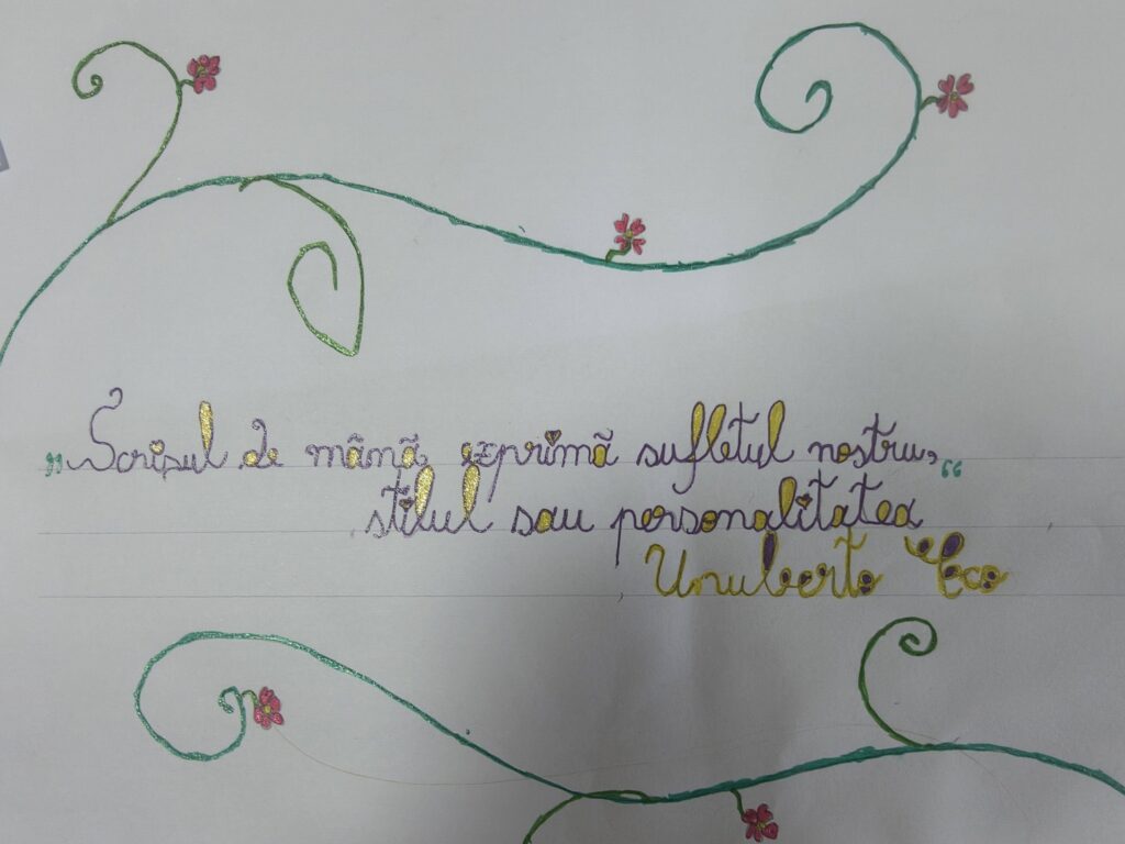 Text scris pe coală albă decorată: scrisul de mână exprimă sufletul nostru, stilul sau personalitatea