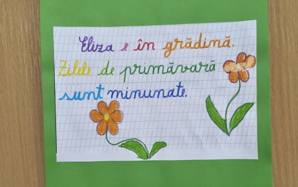 Text scris pe coală tip unu: Eliza e în grădină, zilele de vară sunt minunate.