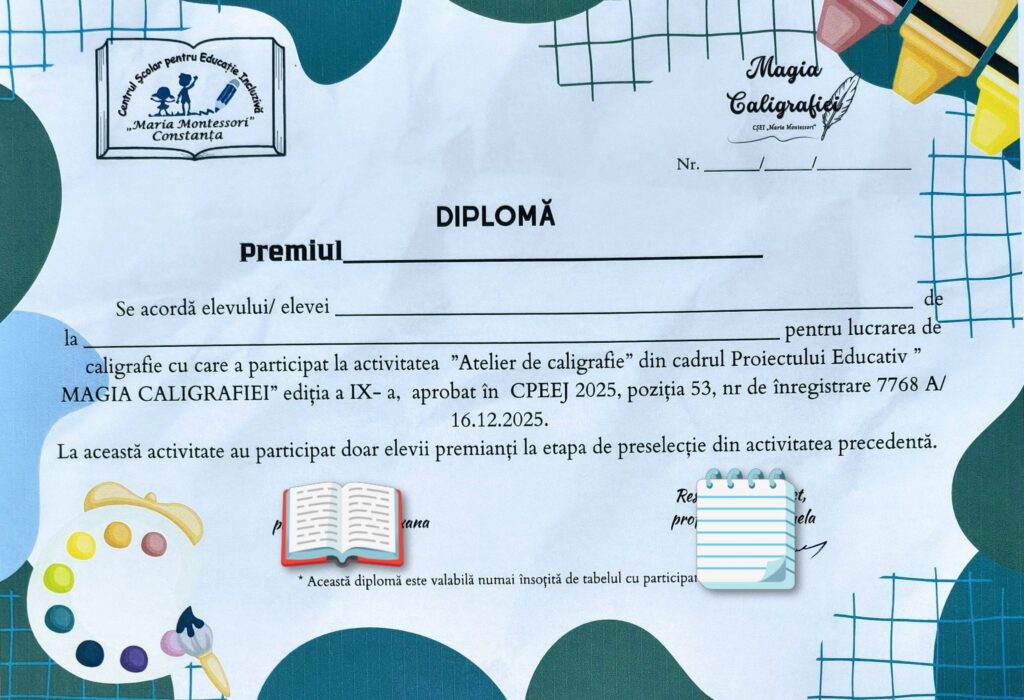 Diplomă necompletată ce va fi transmisă participanților.