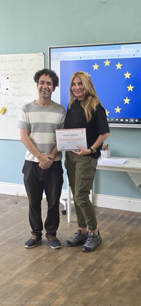 Doamna profesoară Giubermea Roxana primește certificatul de participare la cursul „A Humanistic Approach to AI: Tailored Solutions for Emotional Support and Personal Growth”, alături de formator.