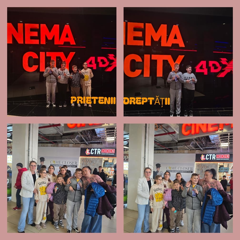 Colaj de la ieșirea la cinema: elevii pozează în fața inscripției luminoase Cinema City, iar apoi în grup, alături de cadrele didactice, în holul mall-ului.
