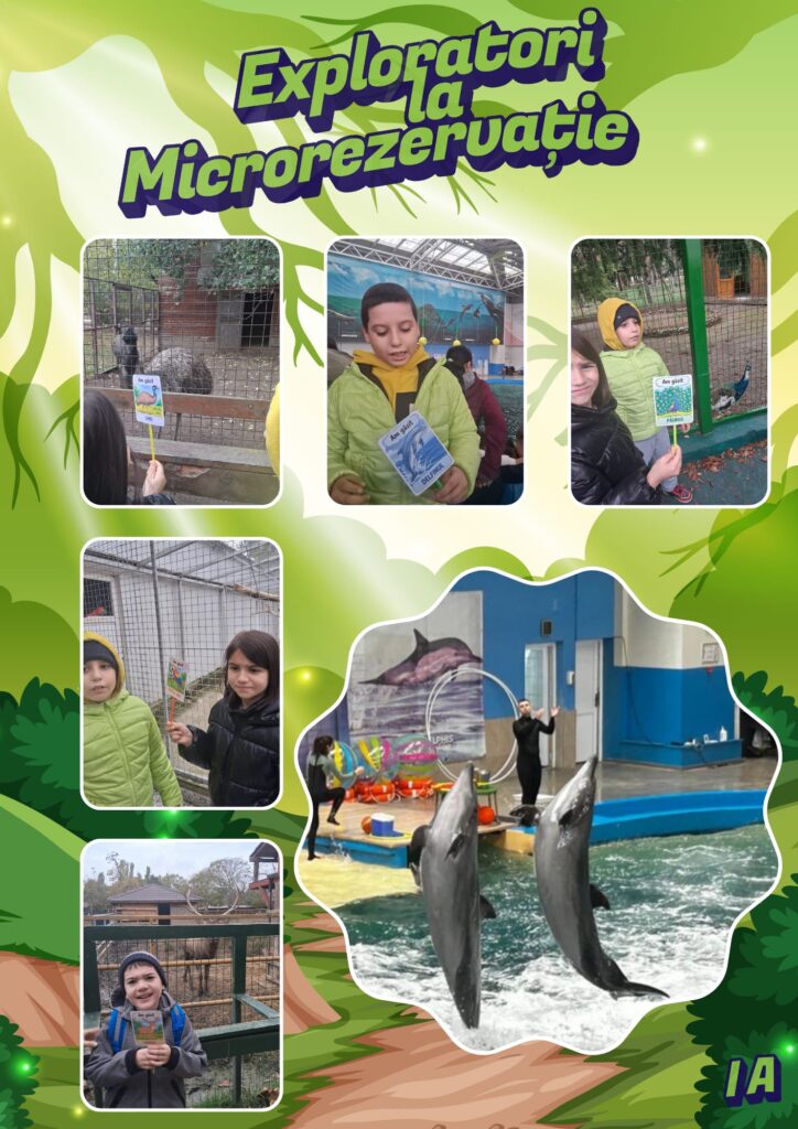 Colaj „Exploratori la Microrezervație”, clasa I A: copiii observă animalele și țin în mână cartonașe cu imaginile lor; în centru, doi delfini sar din apă la delfinariu.