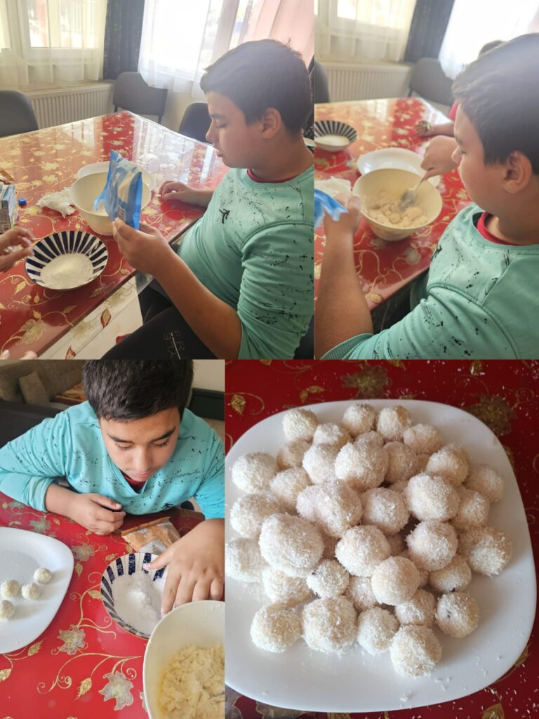 Colaj de la atelierul culinar: elevii modelează bomboane cu nucă de cocos, iar biluțele albe gata făcute stau pe o farfurie.