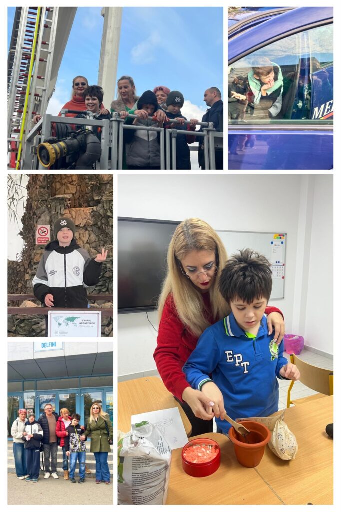 Colaj de la ieșiri și activități practice: elevi și profesori pe platforma unei autoscări de pompieri, un copil la volanul unei autospeciale, fotografie de grup în fața delfinariului și un elev care plantează în ghiveci ajutat de profesoară.