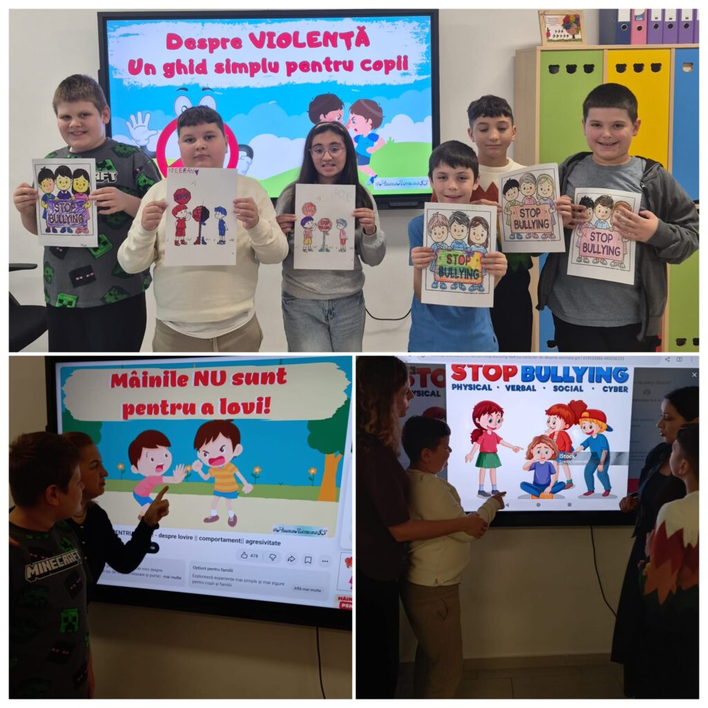 Colaj „Despre violență – un ghid simplu pentru copii”: elevii țin desenele colorate „Stop bullying” în fața tablei interactive și discută mesajul „Mâinile NU sunt pentru a lovi!”.