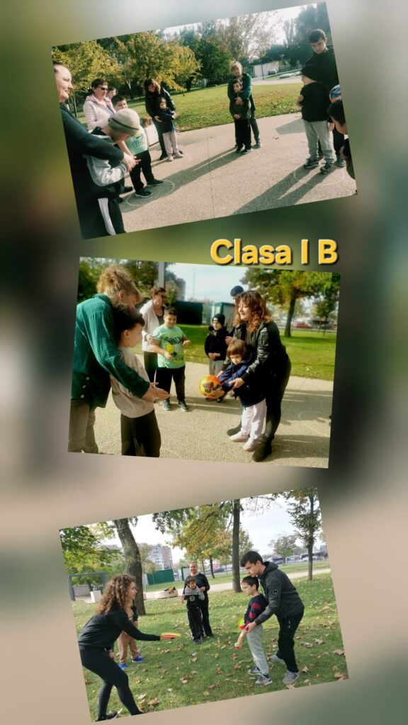 Colaj clasa I B: elevi și cadre didactice la jocuri cu mingea pe aleile și pe iarba din parc.