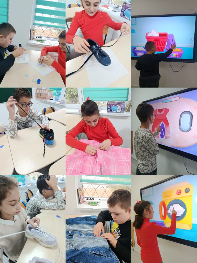 Colaj de exerciții de autonomie: elevii învață să lege șireturile, să încheie nasturii la cămașă și să sorteze rufele într-un joc la tabla interactivă.
