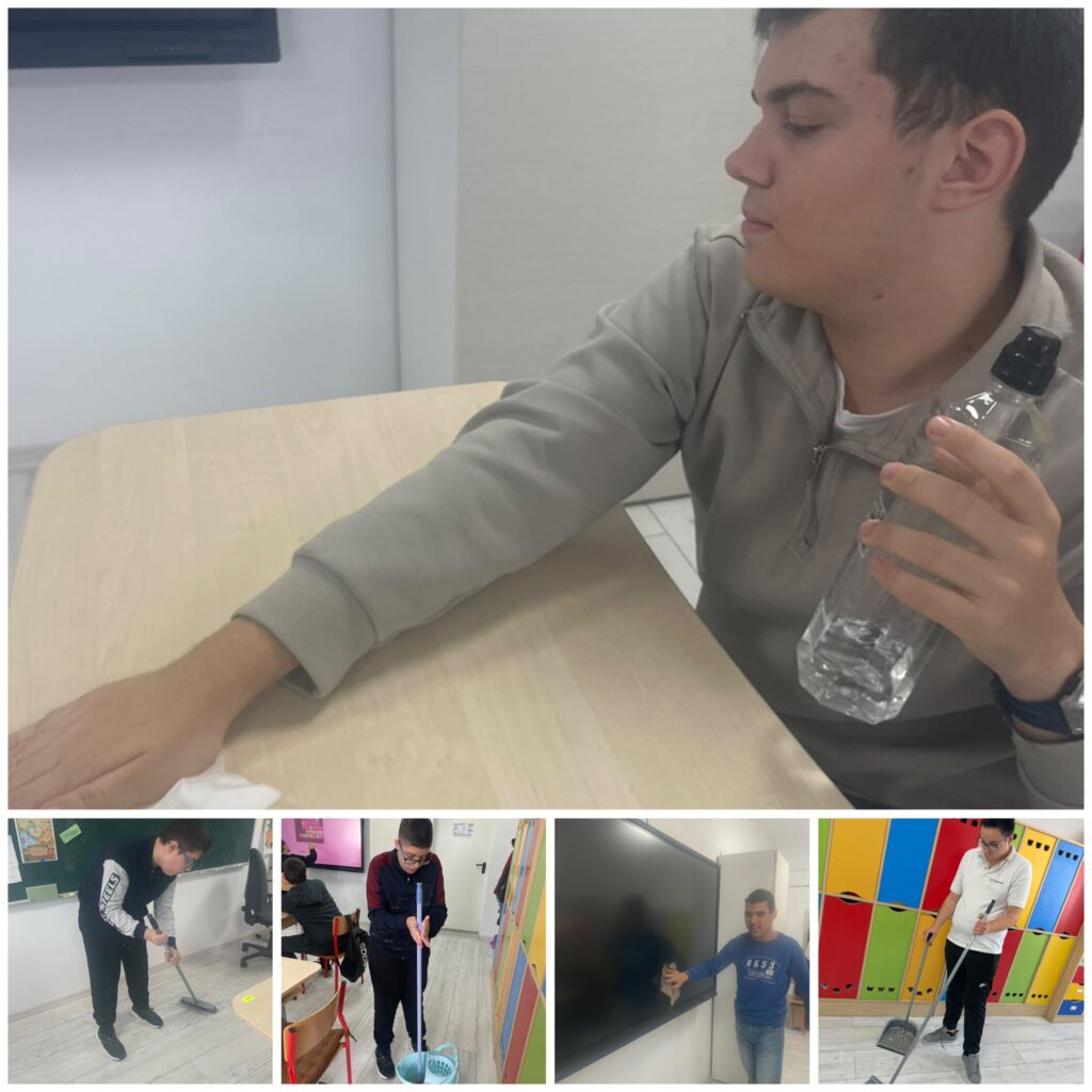 Colaj cu elevi care fac curățenie în clasă: șterg masa, dau cu mopul, mătură și curăță tabla.