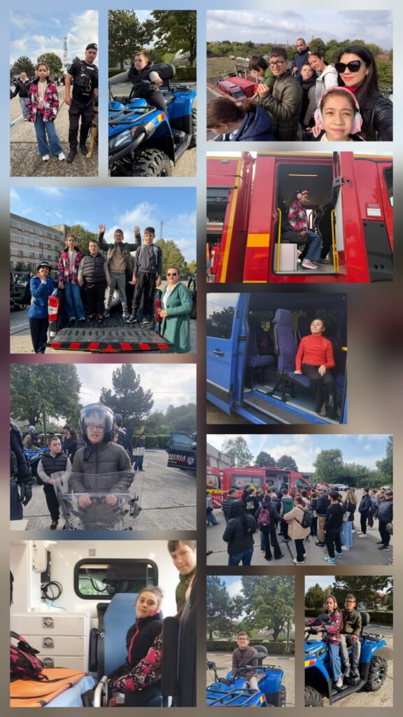 Colaj de la întâlnirea cu forțele de ordine și intervenție: elevi pe ATV-uri și motociclete, urcați în autospeciala de pompieri și în ambulanță, alături de pompieri, polițiști și jandarmi.