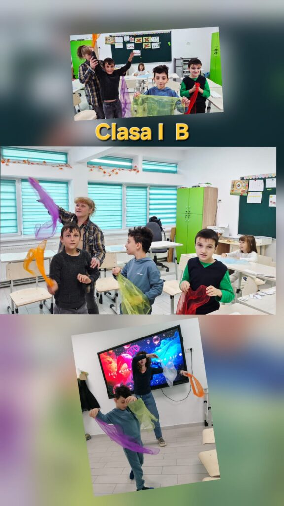 Colaj clasa I B: elevii dansează cu eșarfe colorate în sala de clasă, pe muzica de la tabla interactivă.