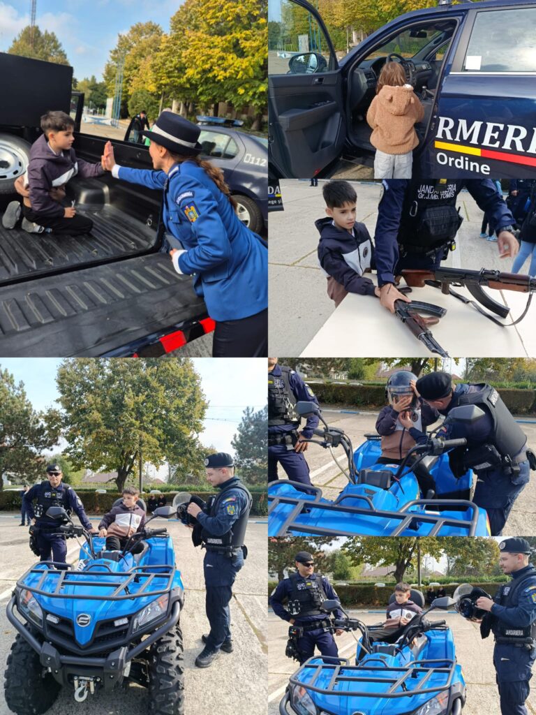 Colaj de la vizita Jandarmeriei: copii urcați pe un ATV albastru, în mașina de intervenție și dând mâna cu o jandarmă, în timp ce jandarmii le prezintă echipamentul.