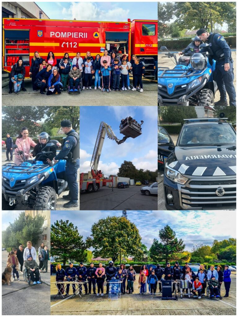 Colaj de la vizita pompierilor și a jandarmilor: elevi și profesori în fața autospecialei de pompieri, autoscara ridicată, ATV-ul și mașina Jandarmeriei și fotografie de grup cu jandarmii.