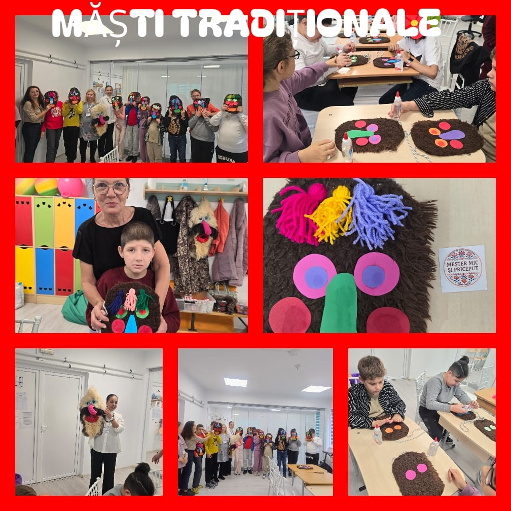Colaj „Măști tradiționale”: elevii realizează măști din material maro, cu forme colorate și fire de lână, apoi pozează în grup purtându-le.
