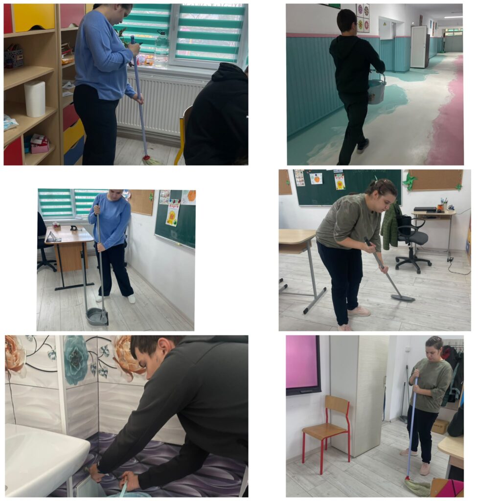 Colaj cu elevi care fac curățenie: dau cu mopul în clasă, mătură cu fărașul, spală pardoseala în baie și duc găleata pe hol.