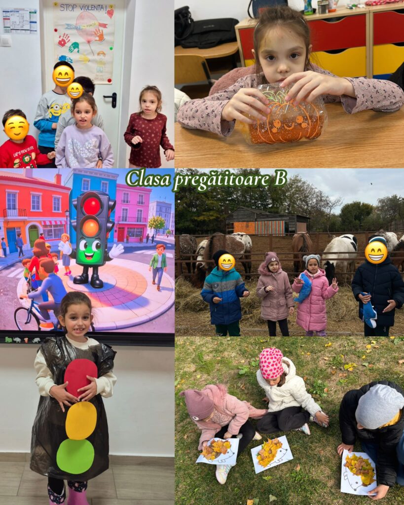Colaj „Clasa pregătitoare B”: o fetiță costumată în semafor, lecție de educație rutieră la tabla interactivă, copii la ferma cu cai, lucrări cu frunze pe iarbă și un dovleac decorat.