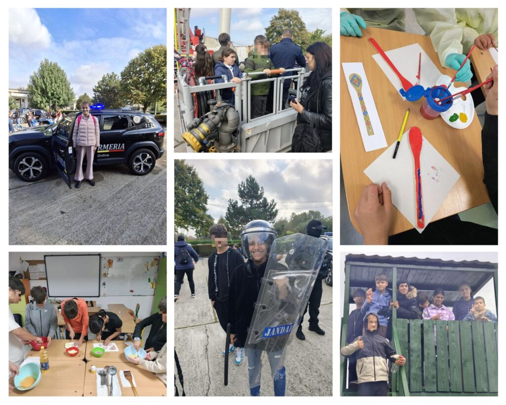 Colaj foto de la diverse activități: vizită la jandarmi, elevă echipată în echipament, activități de gătit, vizită la microrezervație și pictură