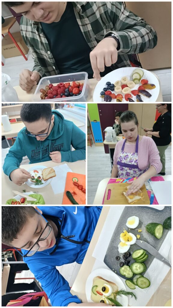 Colaj de la atelierul culinar: elevii aranjează fructe pe farfurie și pregătesc sandvișuri decorate cu ou, castraveți și roșii