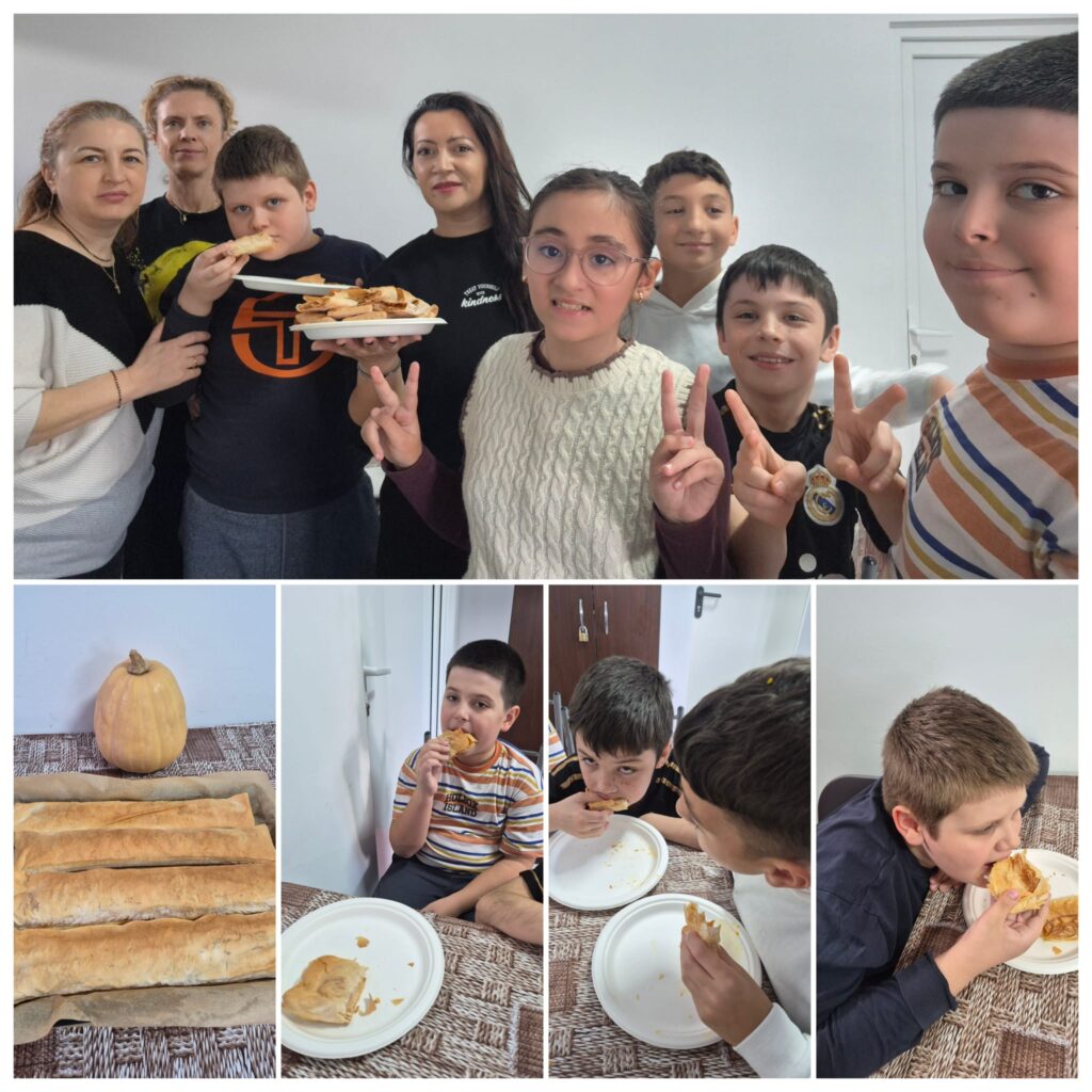 Colaj de la degustarea plăcintei cu dovleac: elevi și profesoare zâmbind cu farfuriile în mână, tava cu plăcintă și copii care gustă din ea.
